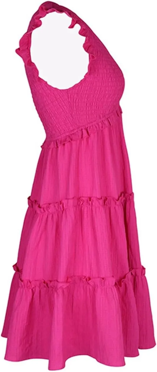 Women's Casual Summer Dresses Solid Color Cute Tiered Mini Dress V Neck Ruffle Sleeve Casual 2025 Fashion Trendy Dresses