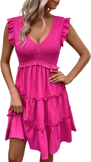 Women's Casual Summer Dresses Solid Color Cute Tiered Mini Dress V Neck Ruffle Sleeve Casual 2025 Fashion Trendy Dresses