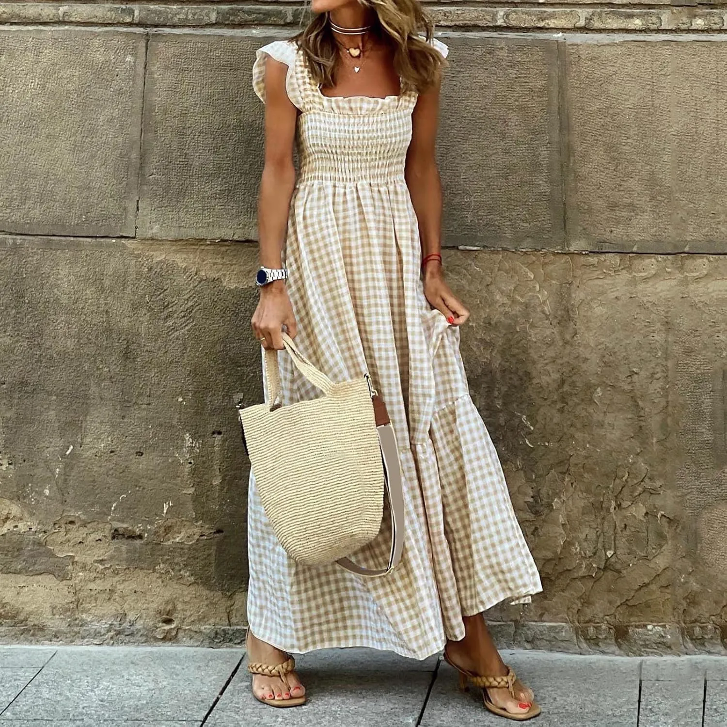 Womens Casual Summer Long Dress Sleeveless Square Neck Dresses Casual Skirts for Women 2024