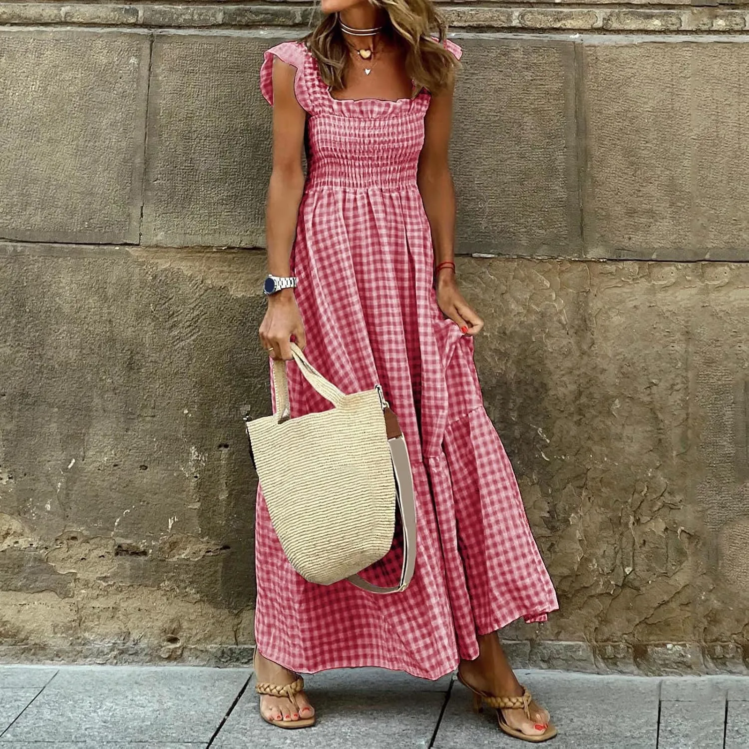 Womens Casual Summer Long Dress Sleeveless Square Neck Dresses Casual Skirts for Women 2024