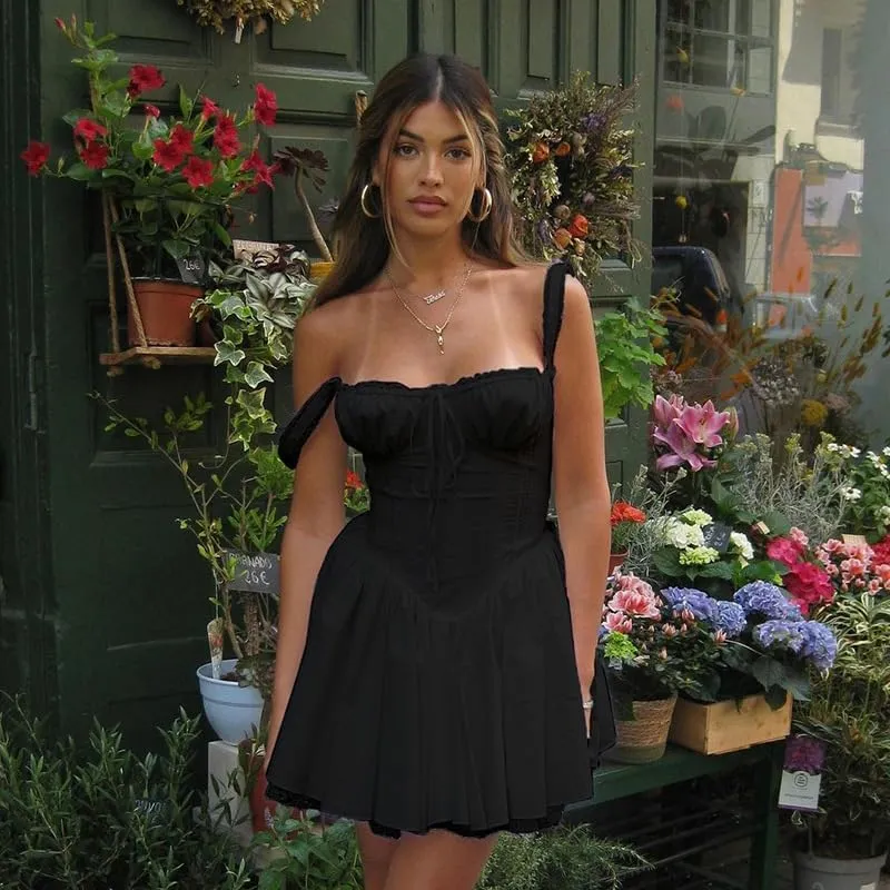 Women's Casual Summer Patchwork Dress Spaghetti Strap Square Neck Ruffle Swing Mini Sexy Short Skirt Mini Dress