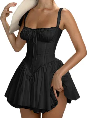 Women's Casual Summer Patchwork Dress Spaghetti Strap Square Neck Ruffle Swing Mini Sexy Short Skirt Mini Dress