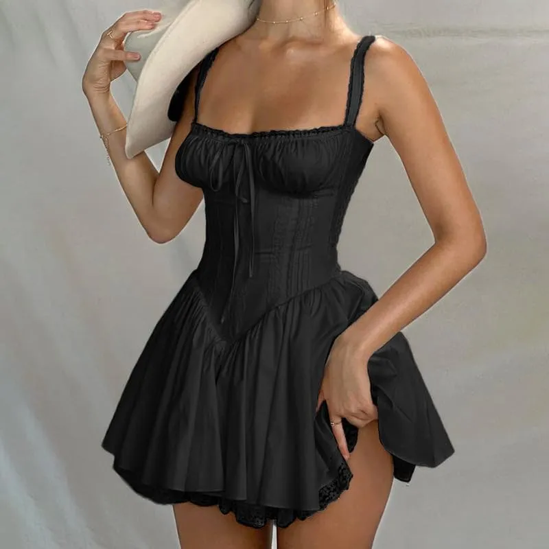 Women's Casual Summer Patchwork Dress Spaghetti Strap Square Neck Ruffle Swing Mini Sexy Short Skirt Mini Dress