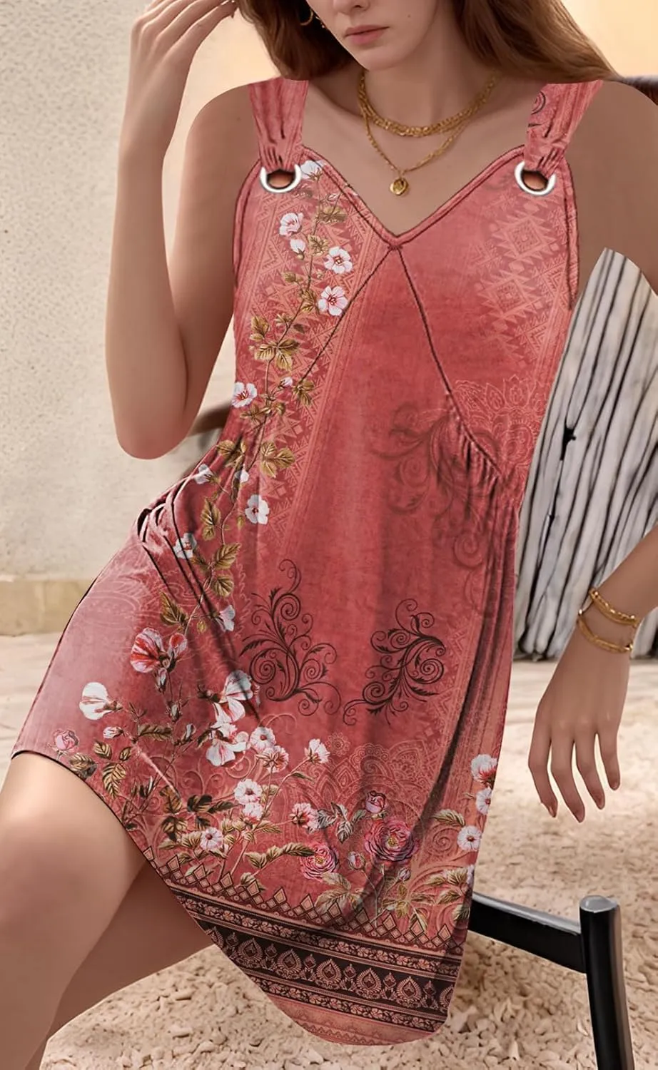 Womens Casual Summer Sleeveless O Ring Shoulder V Neck Swing Short Dress High Waisted Mini Dress with Pockets