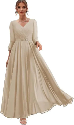 Women's Chiffon Mother of The Bride Dresses with Sleeves Long Formal Dress for Wedding V Neck Evening Gown