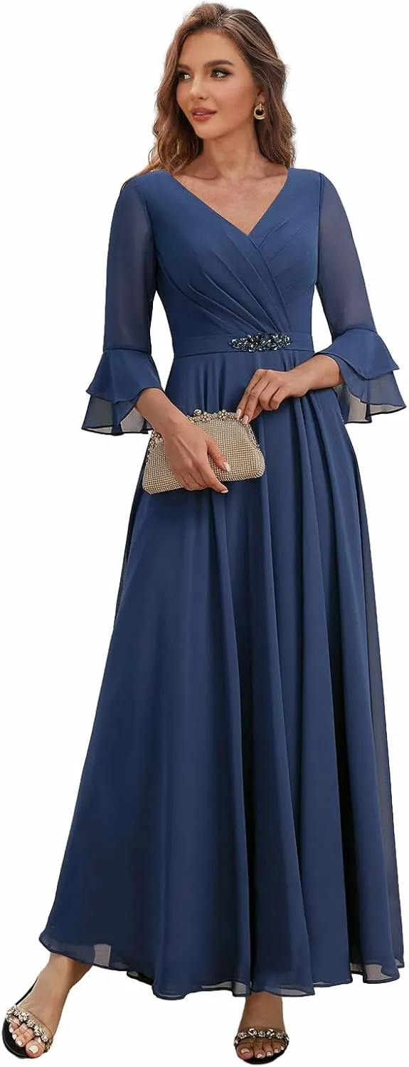 Women's Chiffon Mother of The Bride Dresses with Sleeves Long Formal Dress for Wedding V Neck Evening Gown