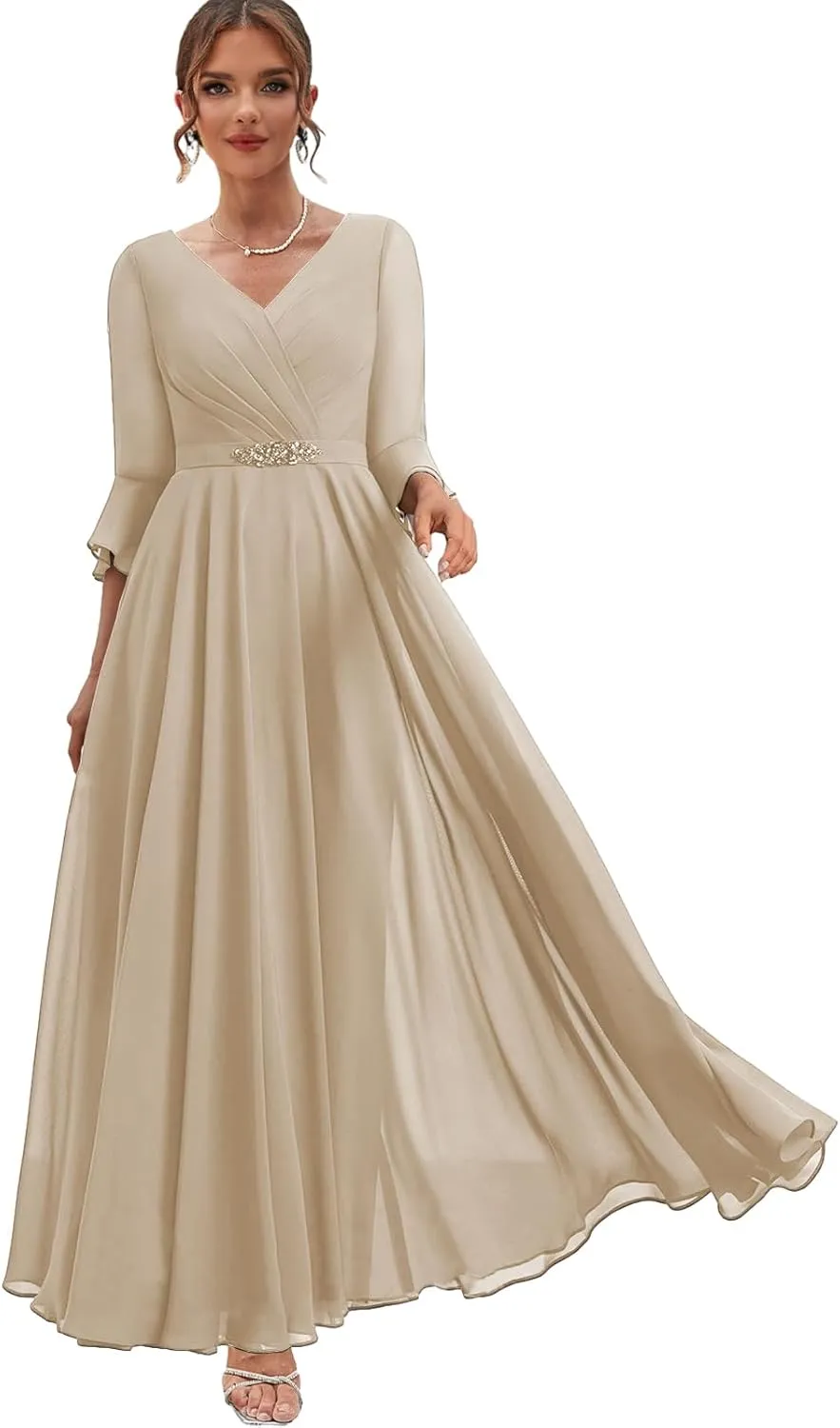 Women's Chiffon Mother of The Bride Dresses with Sleeves Long Formal Dress for Wedding V Neck Evening Gown