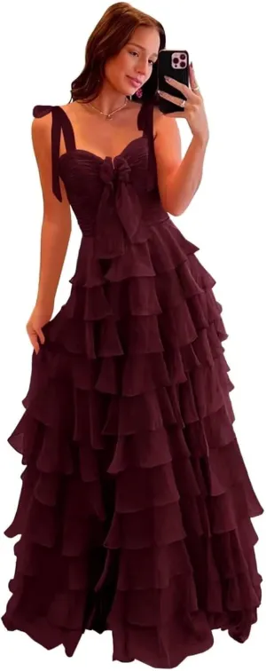 Womens Chiffon Tiered Ruffles Prom Dresses 2025 Spaghetti Straps A-Line Long Formal Ball Gown with Slit