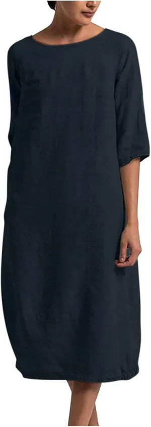 Women's Cotton Linen Dresses Solid Color Short Sleeve Shirt Dress Casual Loose Midi Dresses Casual Summer 2023