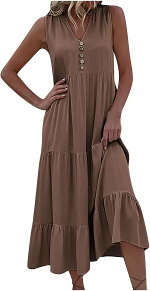 Womens Cotton Sleeveless Dress Button V Neck Tiered Flowy Beach Casual Midi Dresses for Women
