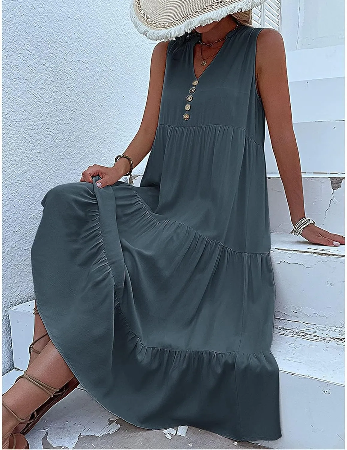 Womens Cotton Sleeveless Dress Button V Neck Tiered Flowy Beach Casual Midi Dresses for Women
