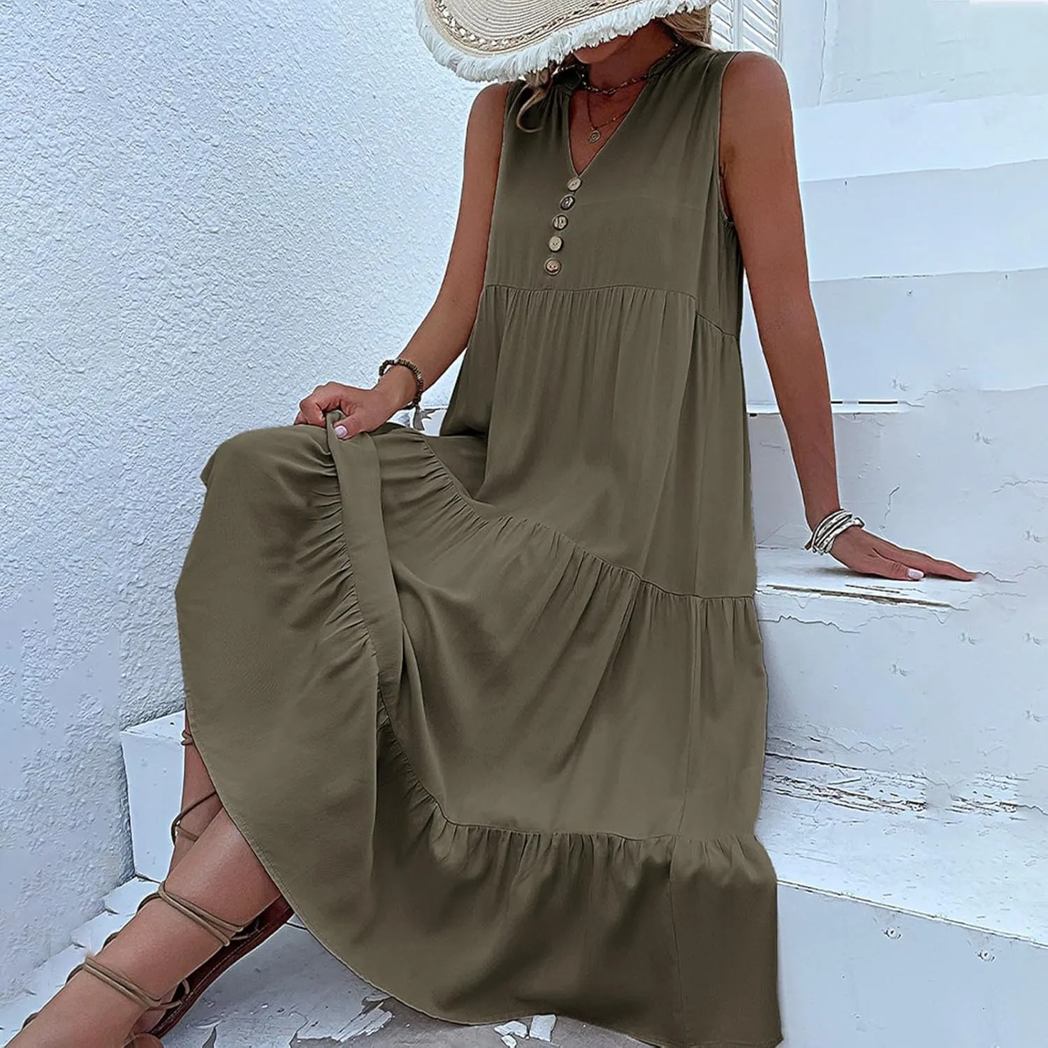 Womens Cotton Sleeveless Dress Button V Neck Tiered Flowy Beach Casual Midi Dresses for Women