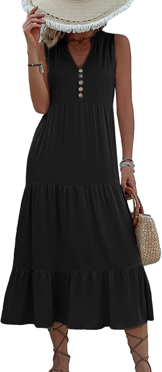 Womens Cotton Sleeveless Dress Button V Neck Tiered Flowy Beach Casual Midi Dresses for Women