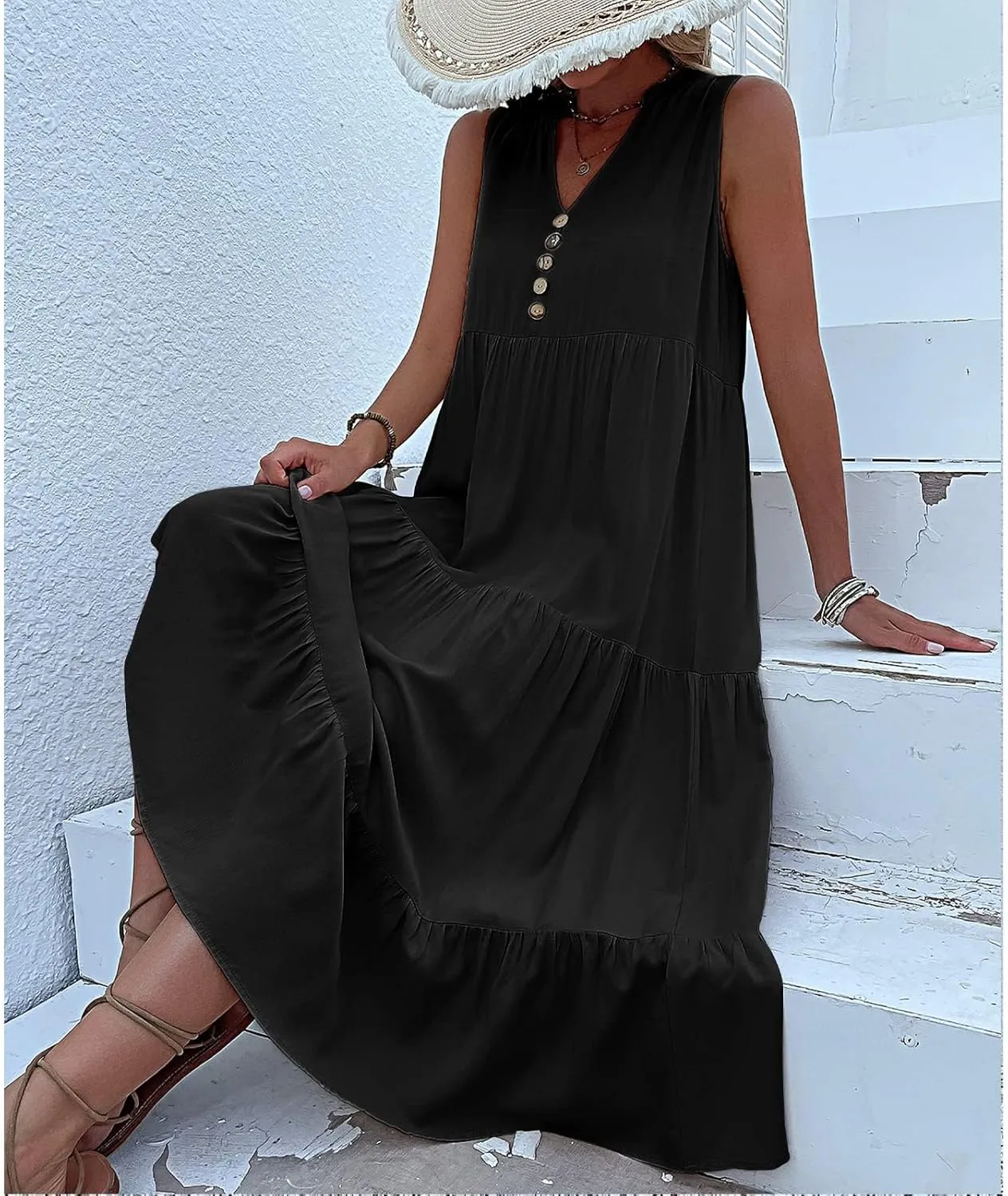 Womens Cotton Sleeveless Dress Button V Neck Tiered Flowy Beach Casual Midi Dresses for Women