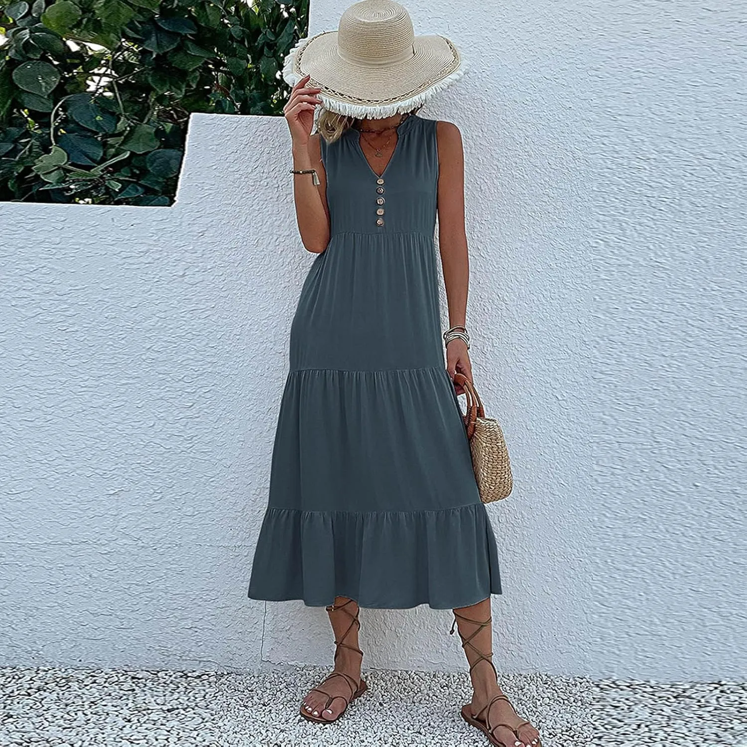 Womens Cotton Sleeveless Dress Button V Neck Tiered Flowy Beach Casual Midi Dresses for Women