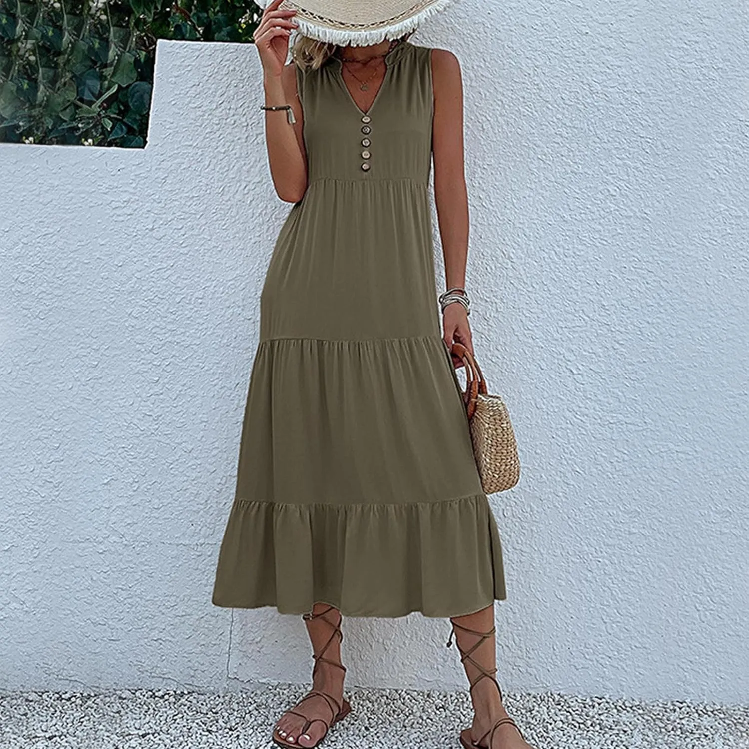 Womens Cotton Sleeveless Dress Button V Neck Tiered Flowy Beach Casual Midi Dresses for Women