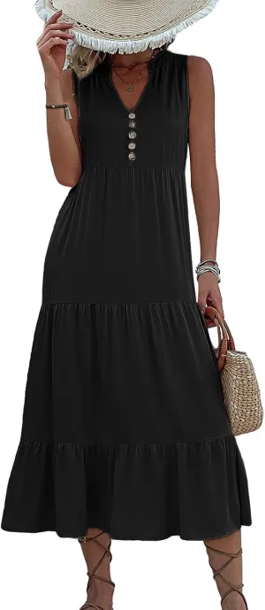 Womens Cotton Sleeveless Dress Button V Neck Tiered Flowy Beach Casual Midi Dresses for Women