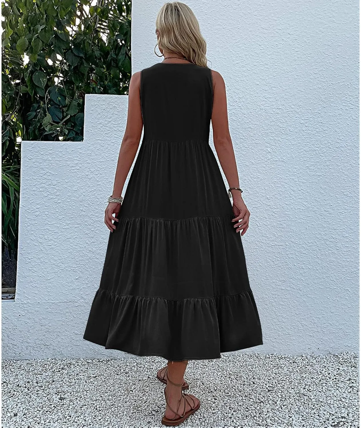 Womens Cotton Sleeveless Dress Button V Neck Tiered Flowy Beach Casual Midi Dresses for Women