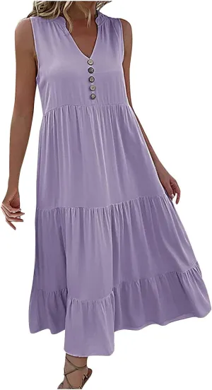 Womens Cotton Sleeveless Dress Button V Neck Tiered Flowy Beach Casual Midi Dresses for Women