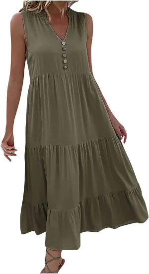 Womens Cotton Sleeveless Dress Button V Neck Tiered Flowy Beach Casual Midi Dresses for Women