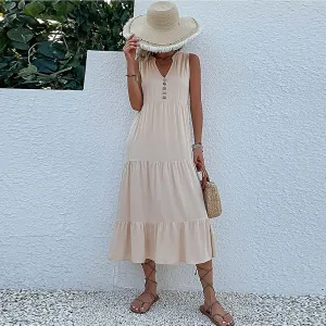 Womens Cotton Sleeveless Dress Button V Neck Tiered Flowy Beach Casual Midi Dresses for Women