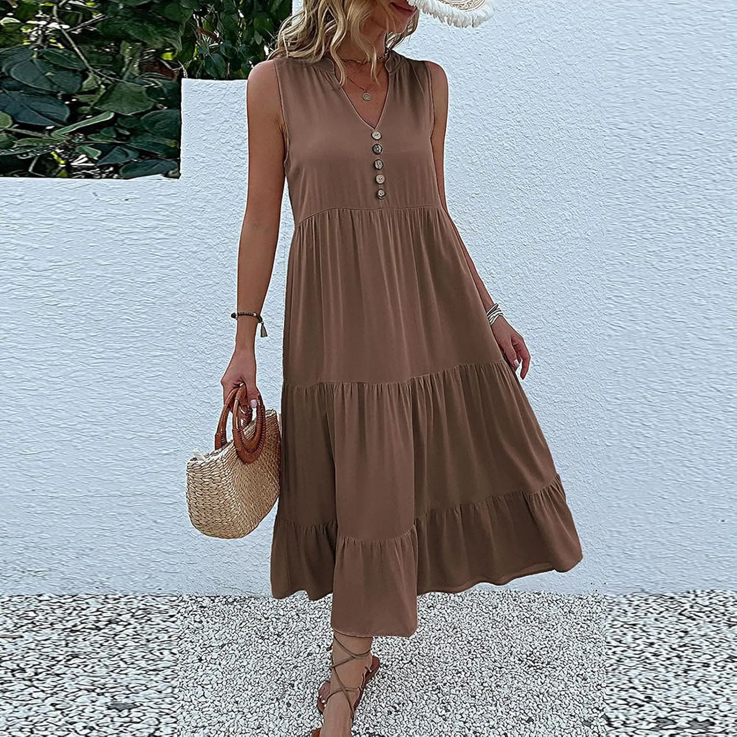 Womens Cotton Sleeveless Dress Button V Neck Tiered Flowy Beach Casual Midi Dresses for Women