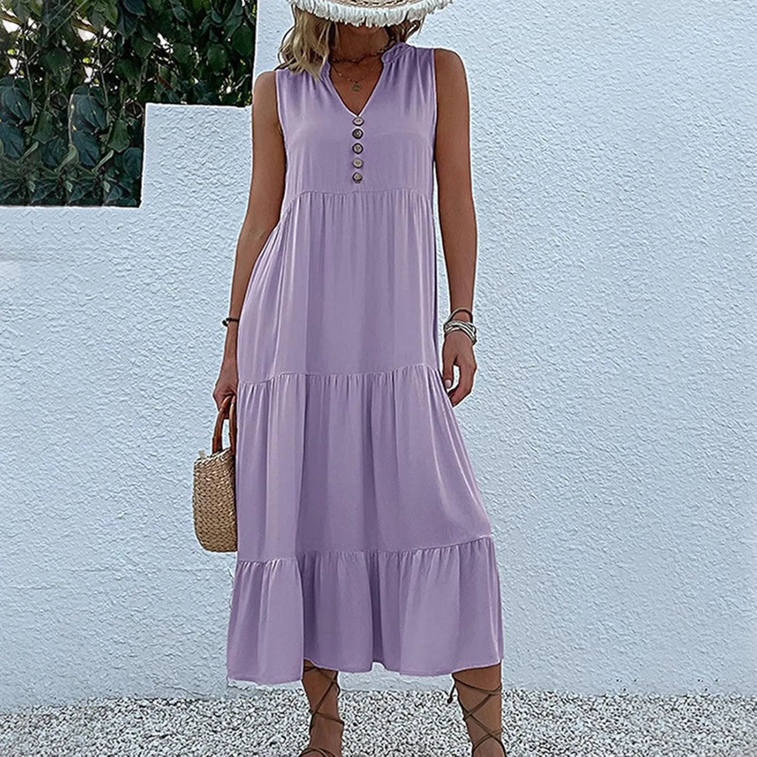 Womens Cotton Sleeveless Dress Button V Neck Tiered Flowy Beach Casual Midi Dresses for Women