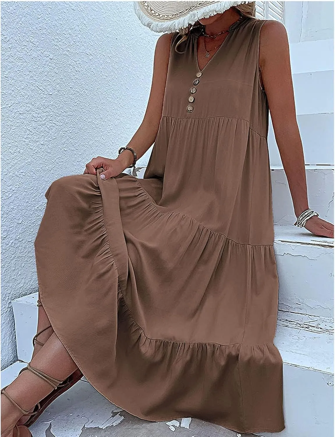 Womens Cotton Sleeveless Dress Button V Neck Tiered Flowy Beach Casual Midi Dresses for Women