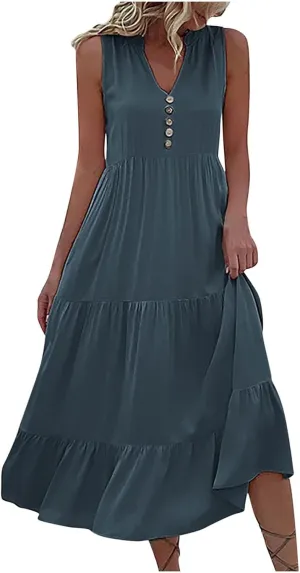 Womens Cotton Sleeveless Dress Button V Neck Tiered Flowy Beach Casual Midi Dresses for Women
