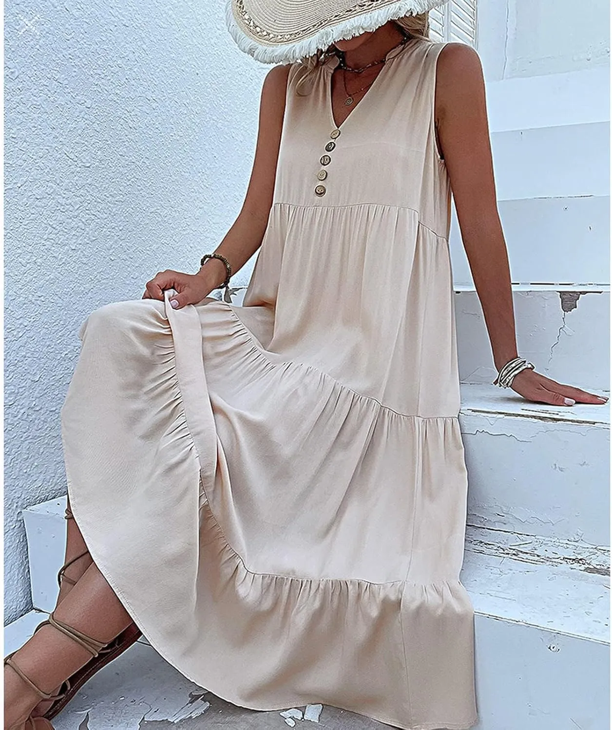 Womens Cotton Sleeveless Dress Button V Neck Tiered Flowy Beach Casual Midi Dresses for Women