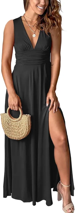 Women's Deep V-Neck Maxi Dress Sexy Side Slit Party Club Long Dresses Summer Beach Sundress for Women 2025