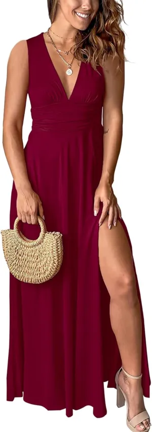 Women's Deep V-Neck Maxi Dress Sexy Side Slit Party Club Long Dresses Summer Beach Sundress for Women 2025