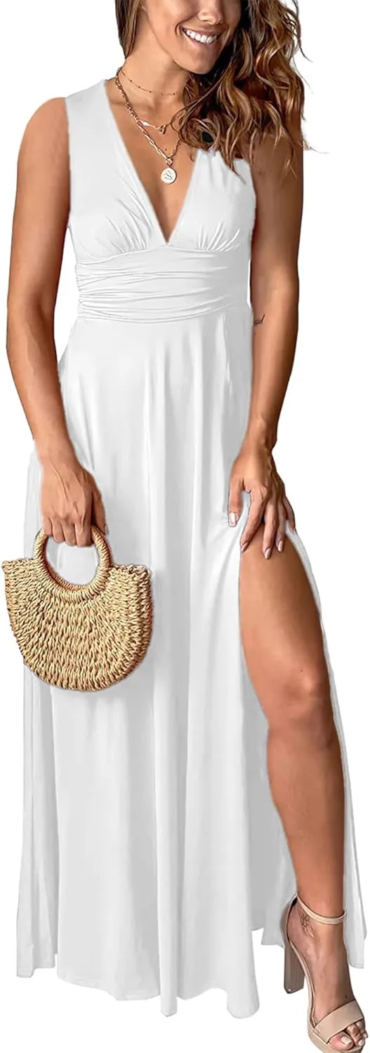 Women's Deep V-Neck Maxi Dress Sexy Side Slit Party Club Long Dresses Summer Beach Sundress for Women 2025
