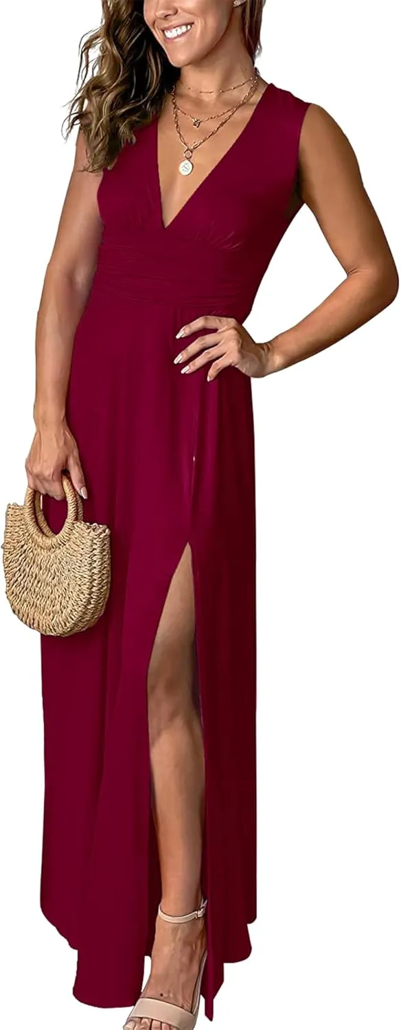 Women's Deep V-Neck Maxi Dress Sexy Side Slit Party Club Long Dresses Summer Beach Sundress for Women 2025