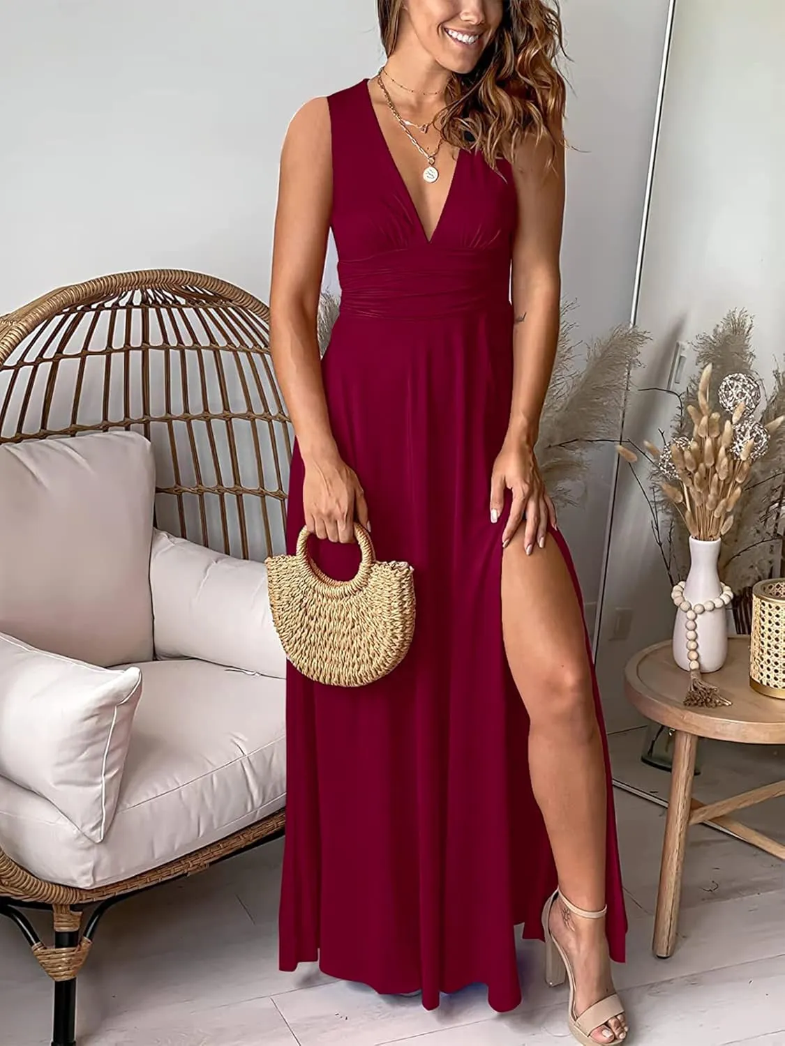Women's Deep V-Neck Maxi Dress Sexy Side Slit Party Club Long Dresses Summer Beach Sundress for Women 2025