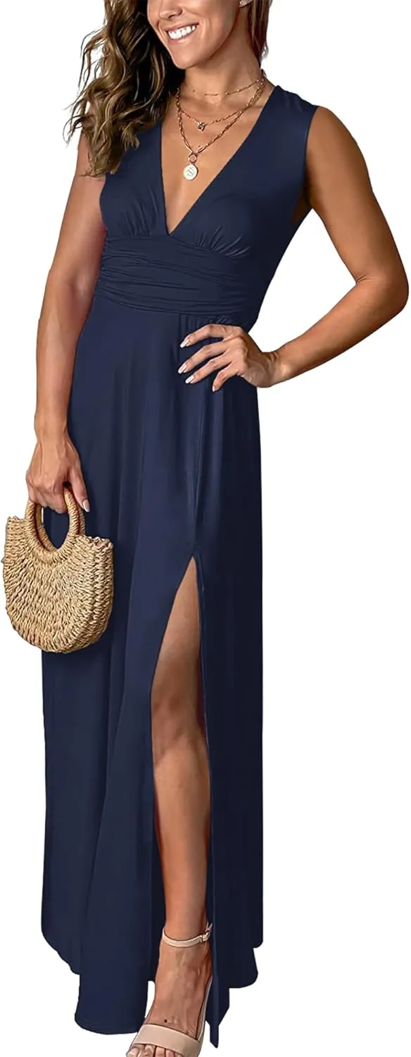 Women's Deep V-Neck Maxi Dress Sexy Side Slit Party Club Long Dresses Summer Beach Sundress for Women 2025