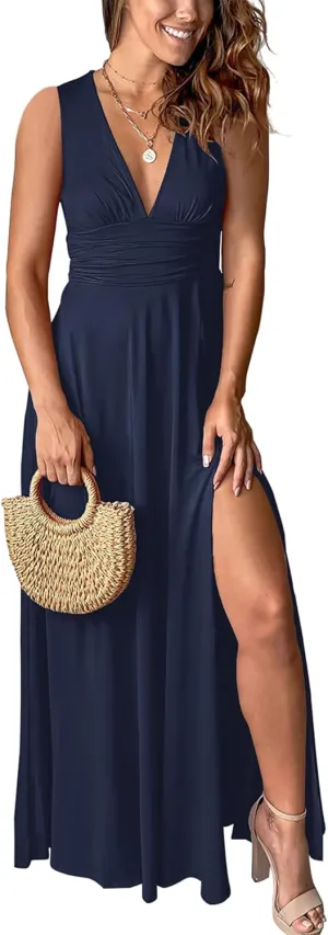 Women's Deep V-Neck Maxi Dress Sexy Side Slit Party Club Long Dresses Summer Beach Sundress for Women 2025
