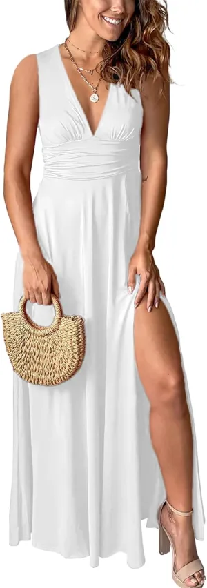 Women's Deep V-Neck Maxi Dress Sexy Side Slit Party Club Long Dresses Summer Beach Sundress for Women 2025