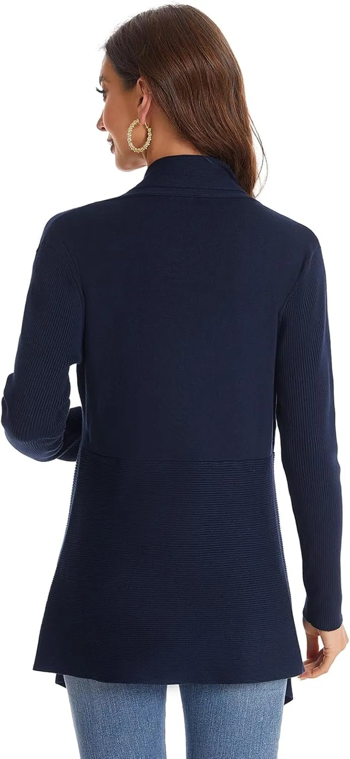 Women's Draped Open Front Cardigan, Long Sleeve Soft Ribbed Knit All-Season Outerwear with Irregular Hem
