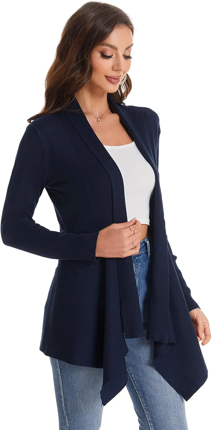 Women's Draped Open Front Cardigan, Long Sleeve Soft Ribbed Knit All-Season Outerwear with Irregular Hem