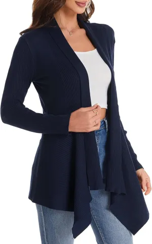 Women's Draped Open Front Cardigan, Long Sleeve Soft Ribbed Knit All-Season Outerwear with Irregular Hem