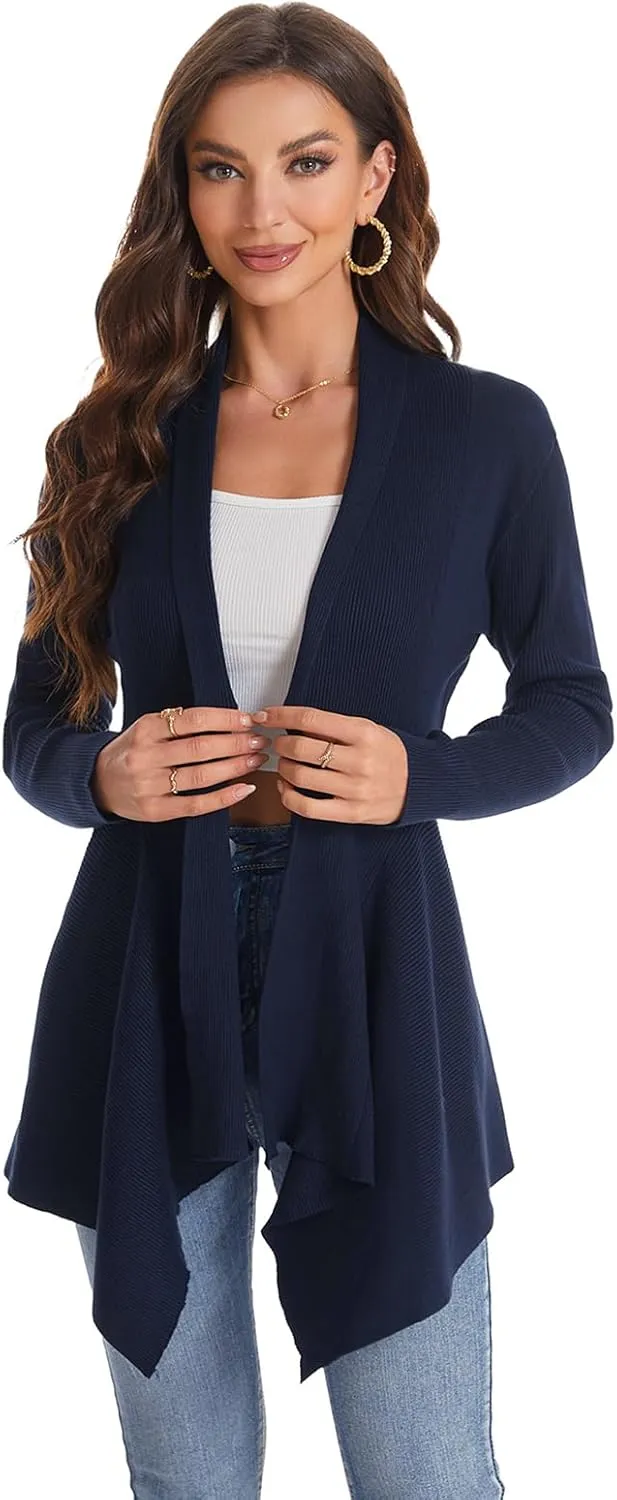 Women's Draped Open Front Cardigan, Long Sleeve Soft Ribbed Knit All-Season Outerwear with Irregular Hem