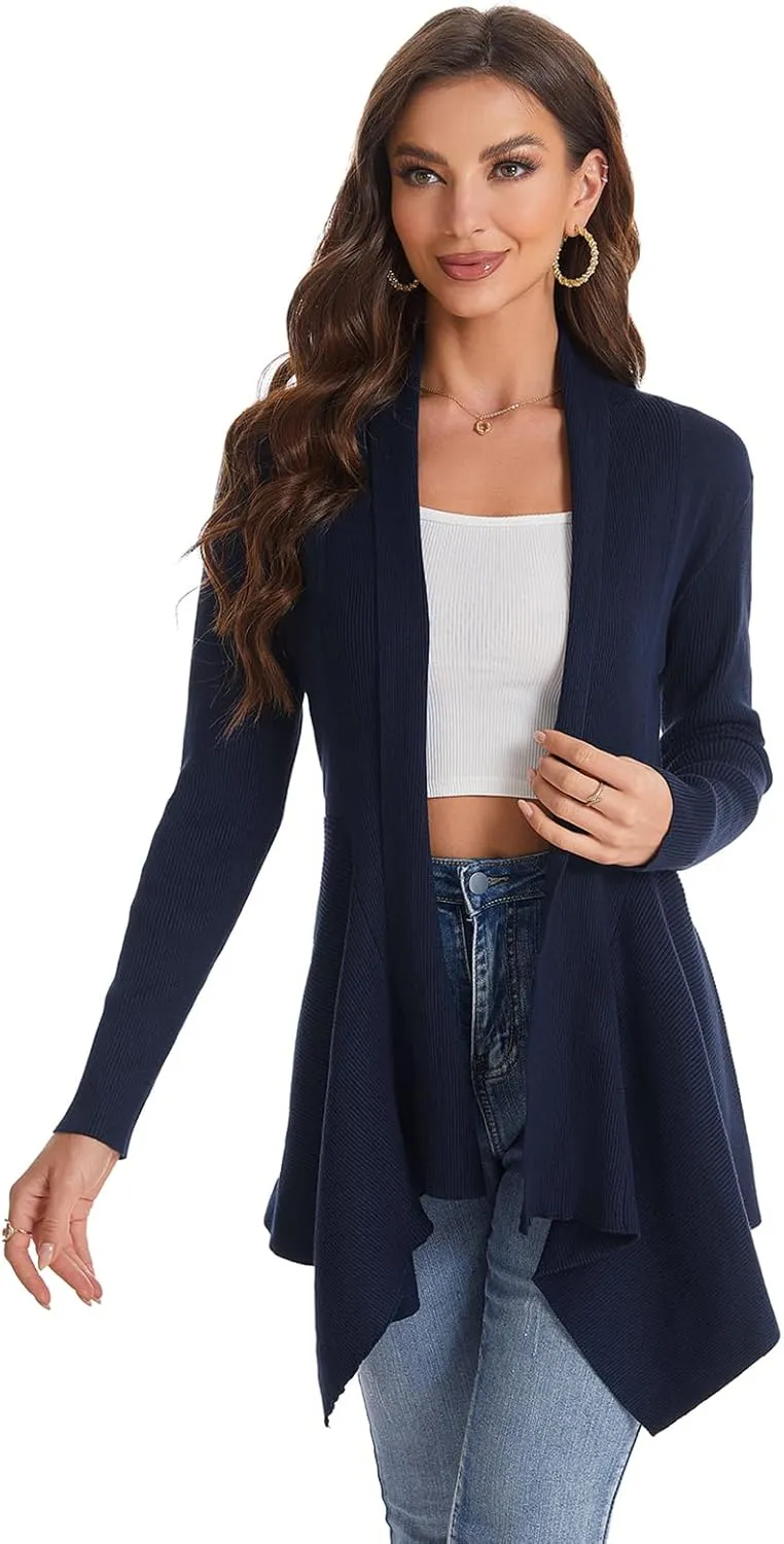 Women's Draped Open Front Cardigan, Long Sleeve Soft Ribbed Knit All-Season Outerwear with Irregular Hem