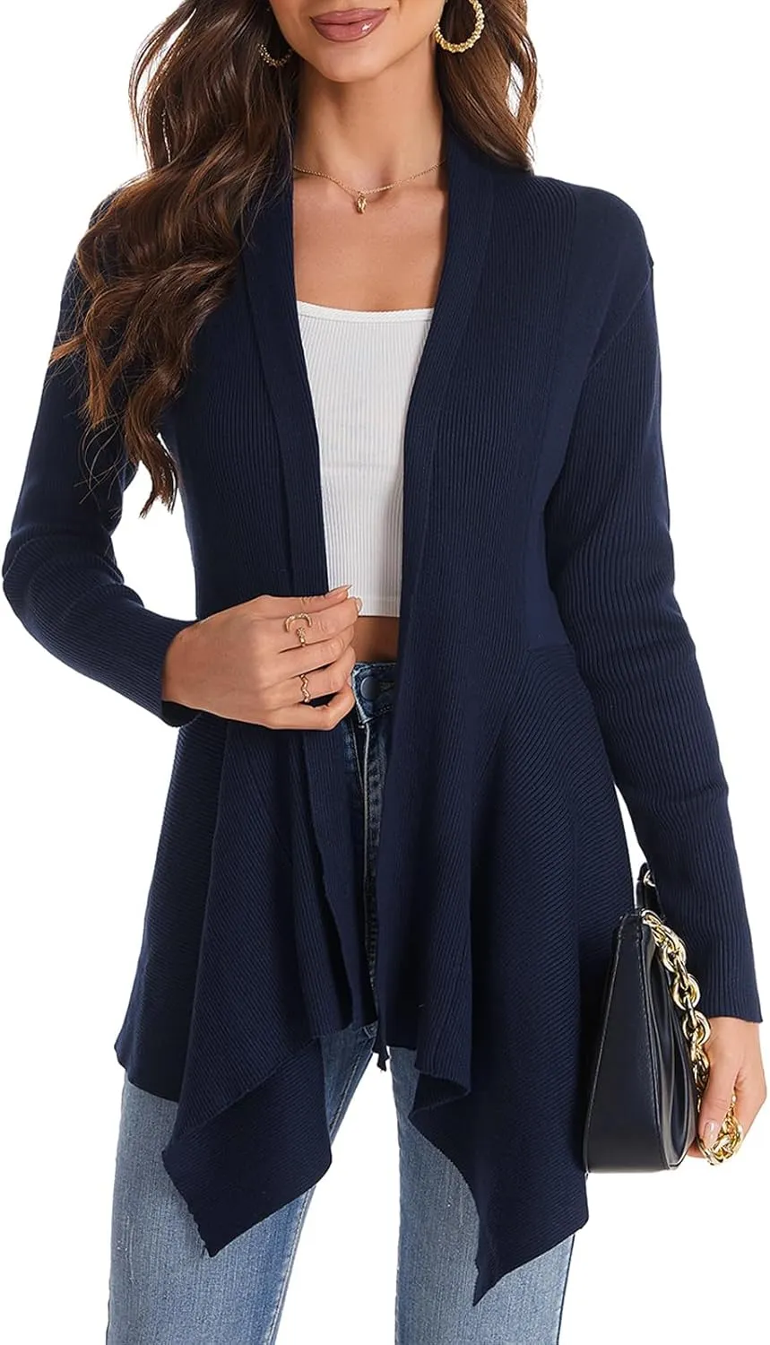 Women's Draped Open Front Cardigan, Long Sleeve Soft Ribbed Knit All-Season Outerwear with Irregular Hem