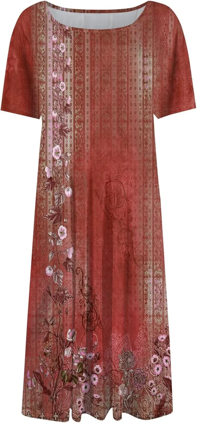Women's Dresses 2025 Casual Spring Church Short Sleeve Boho Button Crewneck Vintage Floral Loose Midi Dress, S-3XL
