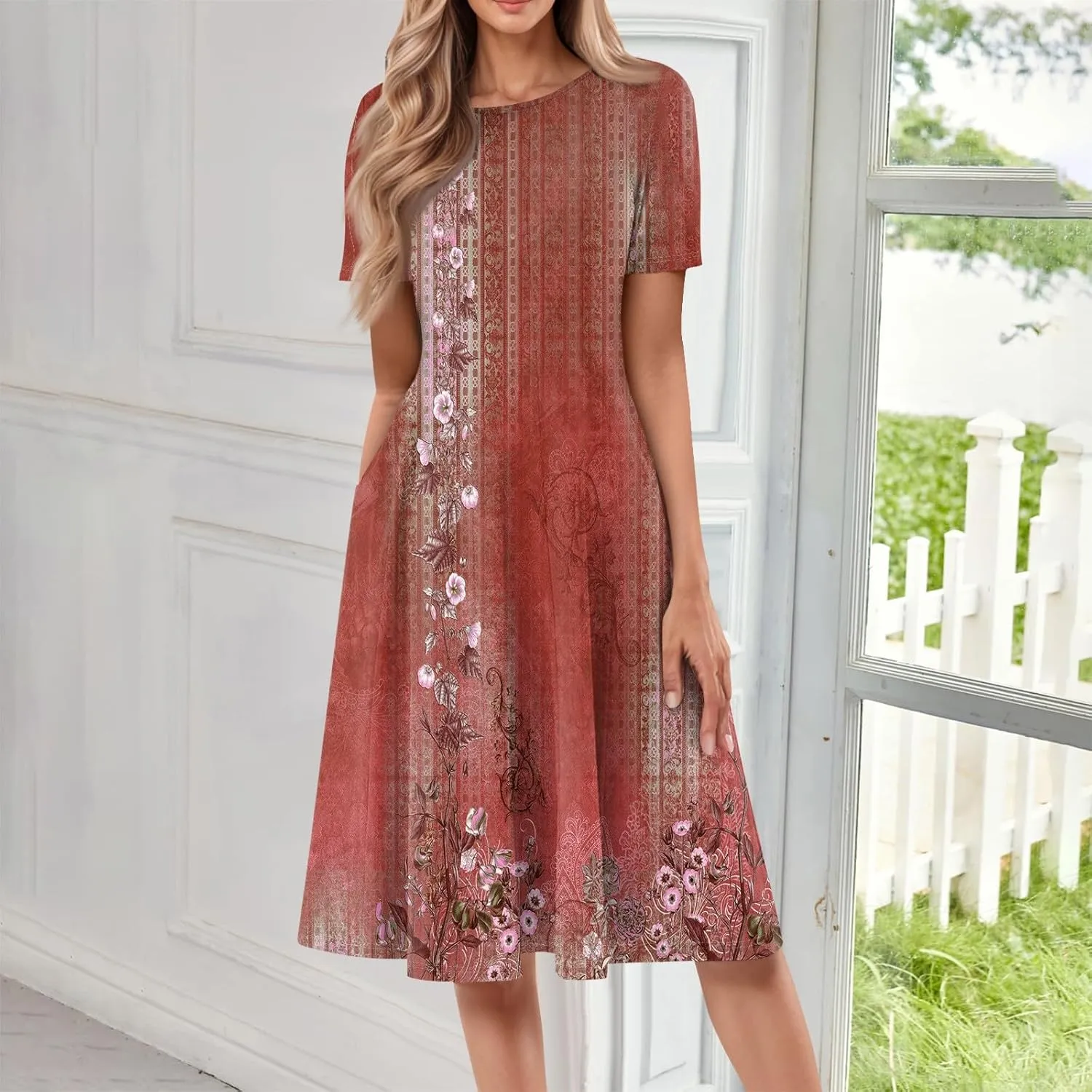 Women's Dresses 2025 Casual Spring Church Short Sleeve Boho Button Crewneck Vintage Floral Loose Midi Dress, S-3XL