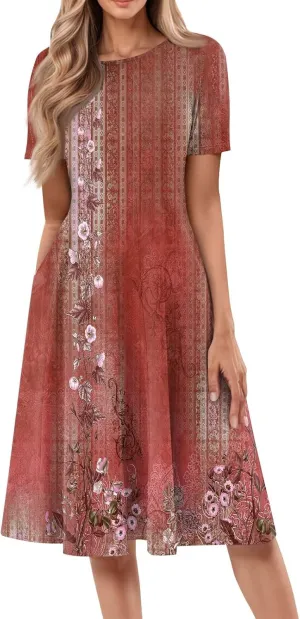 Women's Dresses 2025 Casual Spring Church Short Sleeve Boho Button Crewneck Vintage Floral Loose Midi Dress, S-3XL