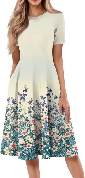 Womens Dresses 2025 Summer Crewneck Short Sleeve A Line Dress Side Pockets Empire Waist Midi Sun Dress Vacation