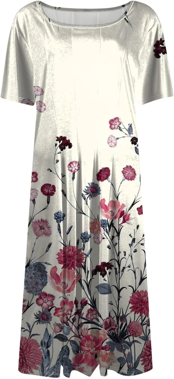 Womens Dresses 2025 Summer Crewneck Short Sleeve A Line Dress Side Pockets Empire Waist Midi Sun Dress Vacation