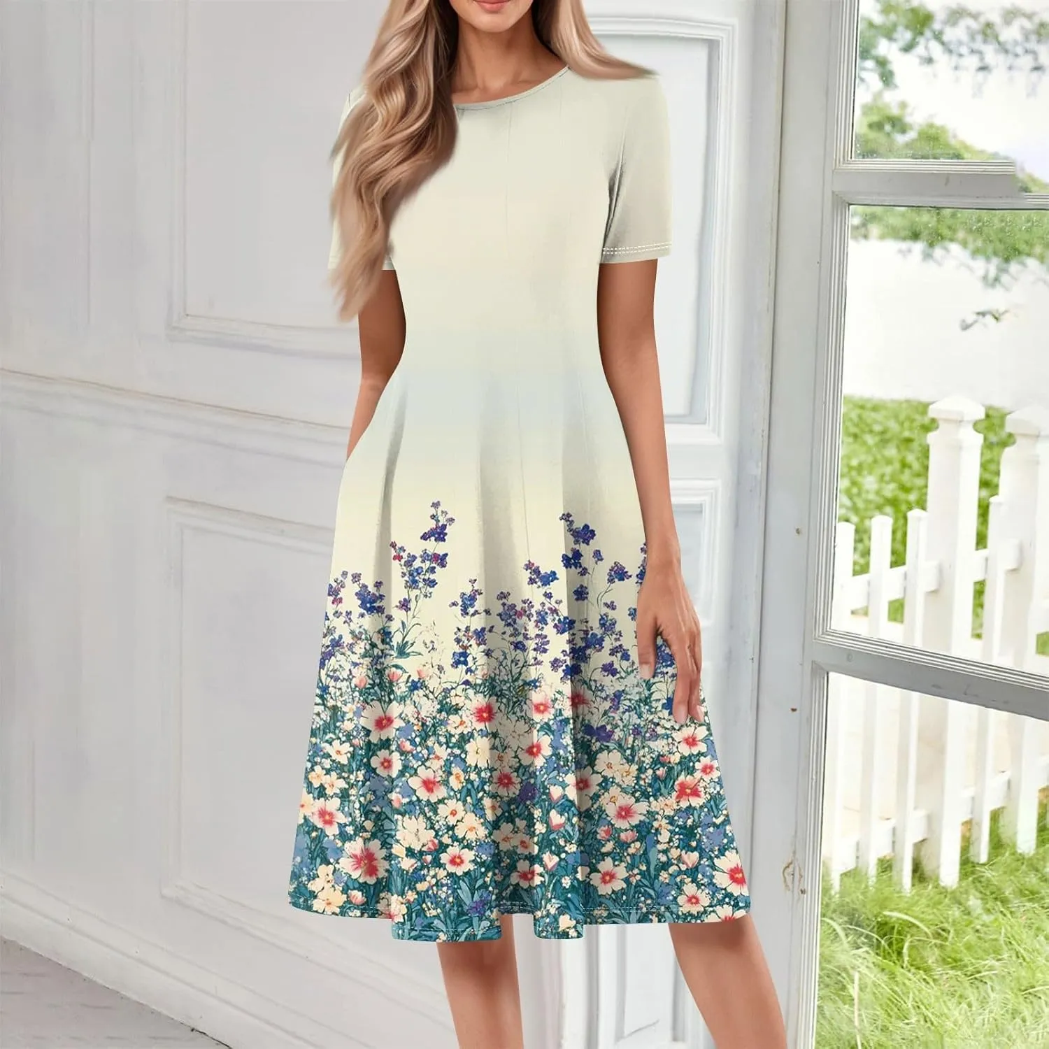 Womens Dresses 2025 Summer Crewneck Short Sleeve A Line Dress Side Pockets Empire Waist Midi Sun Dress Vacation